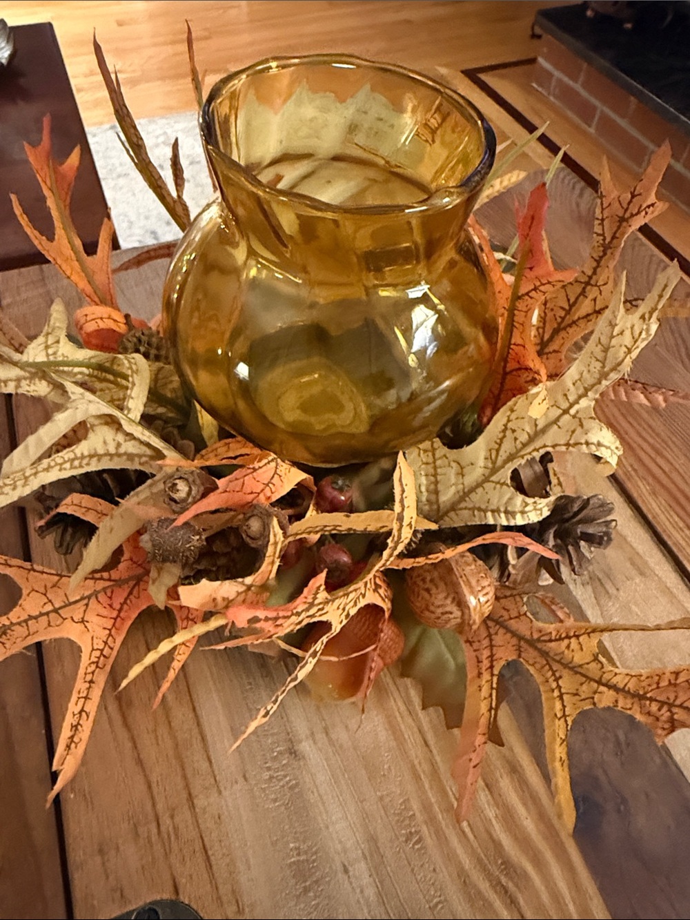 Harvest Candle Centerpiece-Amber Glass Candle Shade w Autumn Leaf Wreath